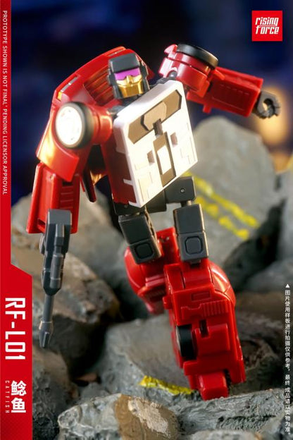 The RF-L01 Catfish transforms from a robot into a race car. It also comes armed with a blaster. Seen in its new red colorway, this version is sure to stand out in your collection!