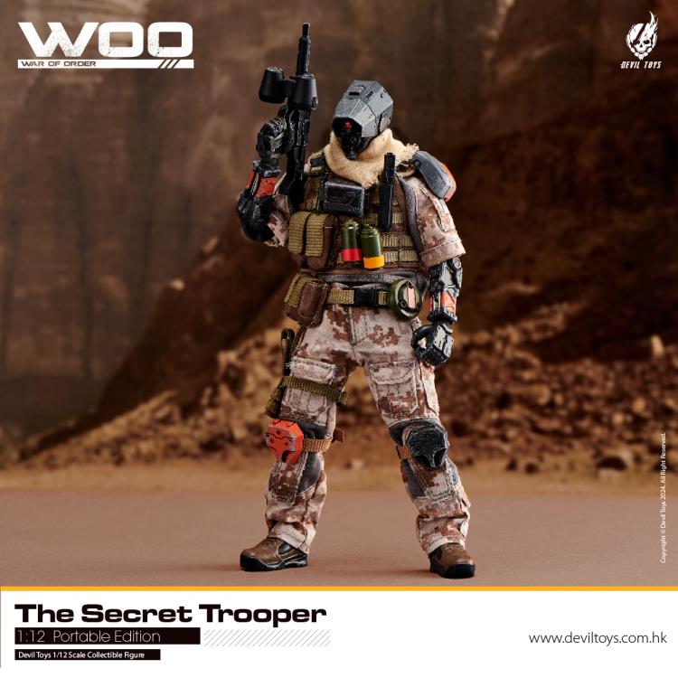 From Devil Toys comes a new line of War of Order figures, this time in 1/12 scale.  This Secret Trooper action figure is decked out in a brown camo outfit with tactical armor, including knee armor, a bulletproof vest, and a scarf. The figure comes with a tactical belt, smoke grenades, a knife, a pair of machine pistols, and an assault rifle.  Secret Master figure shown not included (sold separately)