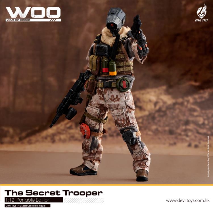 From Devil Toys comes a new line of War of Order figures, this time in 1/12 scale.  This Secret Trooper action figure is decked out in a brown camo outfit with tactical armor, including knee armor, a bulletproof vest, and a scarf. The figure comes with a tactical belt, smoke grenades, a knife, a pair of machine pistols, and an assault rifle.  Secret Master figure shown not included (sold separately)