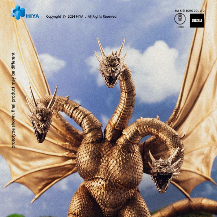 The Exquisite Basic King Ghidorah action figure stands 13" tall with an 18.5" wingspan, faithfully reproducing every detail of Ghidorah's appearance from the 1991 film. Crafted with meticulous attention to detail, the figure features multiple joints throughout its body, PVC wings with internal wires for an authentic look, and a wide range of articulation. It also includes three stands to recreate various combat scenes from the film.