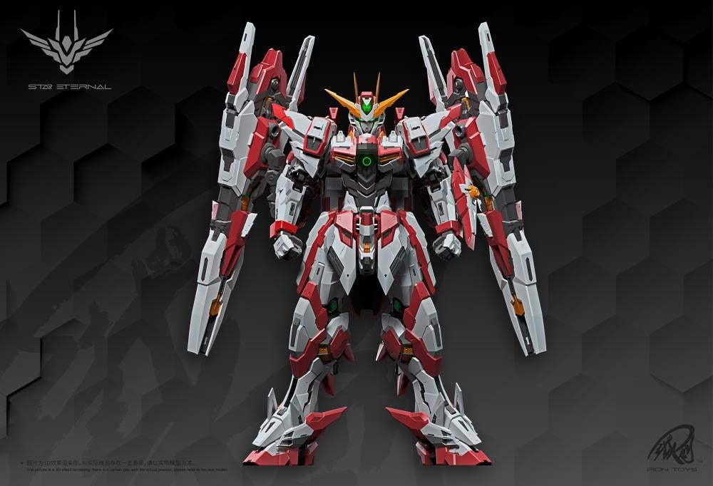 Add on to your model kit collection with this Star Eternal Xingheng 1/100 scale model kit by Iron Toys! This impressive model kit features a mecha inspired design with a white, red, and green color scheme. It features an alloy frame that allows the figure to be posed in various positions.