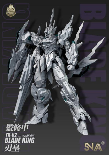 This SNAA YR-02 Blade King 1/100 scale model kit is a highly detailed and poseable model kit that stands at a height of 22cm. The kit includes water decals and aluminum foil stickers for added detail. It features a fully articulated skeleton and comes with intricate color separation and part division.   Images show prototype and the final product may differ.