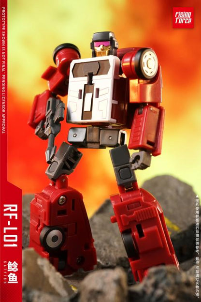 The RF-L01 Catfish transforms from a robot into a race car. It also comes armed with a blaster. Seen in its new red colorway, this version is sure to stand out in your collection!