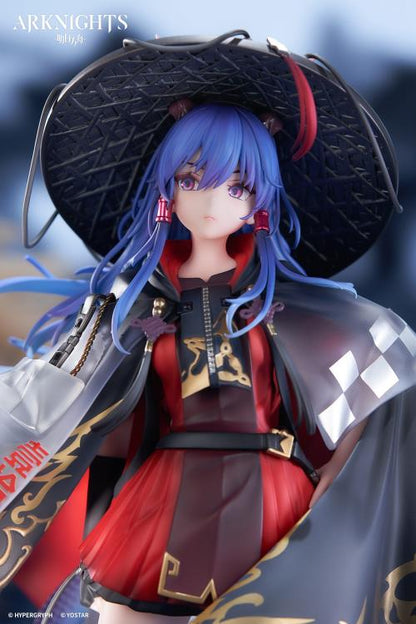 From the popular smartphone game "Arknights" Ch'en has been turned into 1/7 Scale figure wearing her special outfit "Ten Thousand Mountains"! Her flowing blue hair has been finely sculpted, and her distinctive outfit has been faithfully recreated from the illustration using clear parts. In addition, the paint of the patterns and decorations has been carefully crafted to give it a metallic feel, resulting in a gorgeous finish.