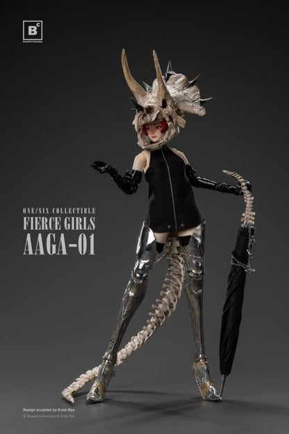 Beautiful Chemistry and artist Entei Ryu have teamed up to create the Fierce Girls Series Bone Girl (Triceratops) 1/6 scale figure.  The figure features a woman wearing a black mini-dress, black elbow-length gloves, as well as a triceratops skull and a long bone tail. She is also wearing thigh-length silver armored boots and comes with a bone-handled umbrella, metal chain and dinosaur charms. 