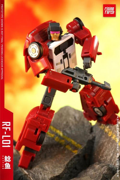 The RF-L01 Catfish transforms from a robot into a race car. It also comes armed with a blaster. Seen in its new red colorway, this version is sure to stand out in your collection!