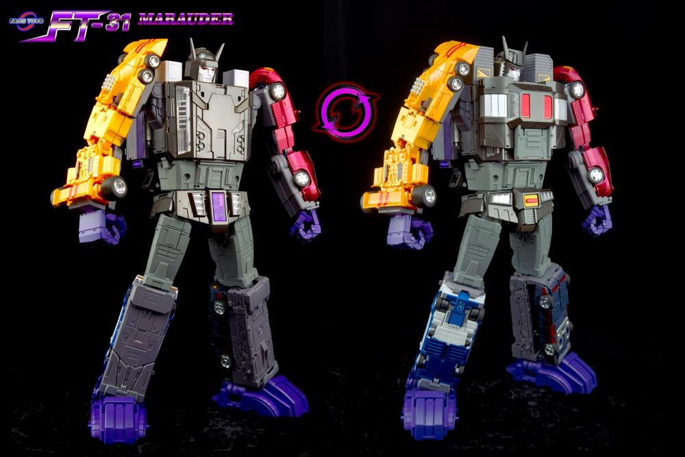 From Fans Toys comes FT-31E Bandit & FT-31 Marauder 2-Pack! The Bandit figure converts from a robot to a vehicle form and includes a blaster accessory, along with combiner parts to form FT-31 Marauder. Don't miss out on adding this figure to your collection!  Other figures shown not included (sold separately)