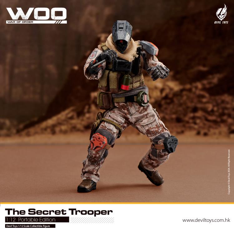 From Devil Toys comes a new line of War of Order figures, this time in 1/12 scale.  This Secret Trooper action figure is decked out in a brown camo outfit with tactical armor, including knee armor, a bulletproof vest, and a scarf. The figure comes with a tactical belt, smoke grenades, a knife, a pair of machine pistols, and an assault rifle.  Secret Master figure shown not included (sold separately)