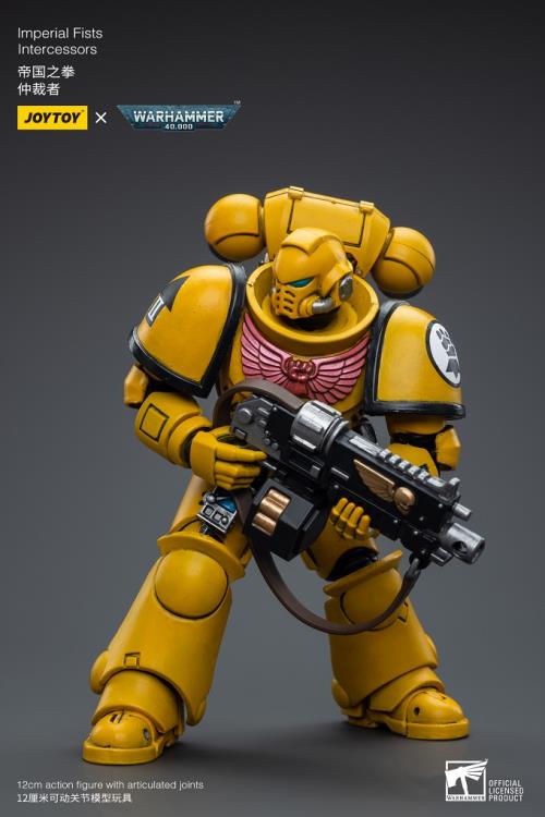 Joy Toy brings the Imperial Fists to life with this Warhammer 40K 1/18 scale figure! The Imperial Fists are one of the First Founding Chapters of the Space Marines and were originally the VIIth Legion of the Legiones Astartes raised by the Emperor Himself from across Terra during the Unification Wars.   A versatile heavy infantry unit, the Intercessors form the backbone of every chapter of the Space Marines. Each figure includes interchangeable hands and weapon accessories and stands between 4" and 6" tall.