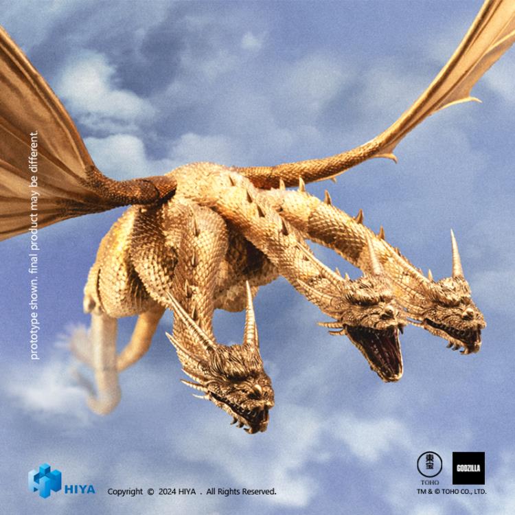 The Exquisite Basic King Ghidorah action figure stands 13" tall with an 18.5" wingspan, faithfully reproducing every detail of Ghidorah's appearance from the 1991 film. Crafted with meticulous attention to detail, the figure features multiple joints throughout its body, PVC wings with internal wires for an authentic look, and a wide range of articulation. It also includes three stands to recreate various combat scenes from the film.