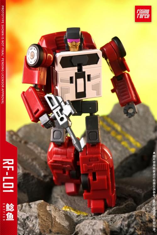 The RF-L01 Catfish transforms from a robot into a race car. It also comes armed with a blaster. Seen in its new red colorway, this version is sure to stand out in your collection!