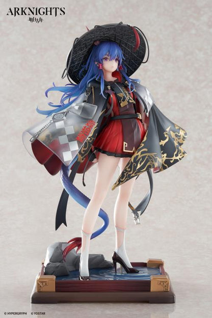 From the popular smartphone game "Arknights" Ch'en has been turned into 1/7 Scale figure wearing her special outfit "Ten Thousand Mountains"! Her flowing blue hair has been finely sculpted, and her distinctive outfit has been faithfully recreated from the illustration using clear parts. In addition, the paint of the patterns and decorations has been carefully crafted to give it a metallic feel, resulting in a gorgeous finish.