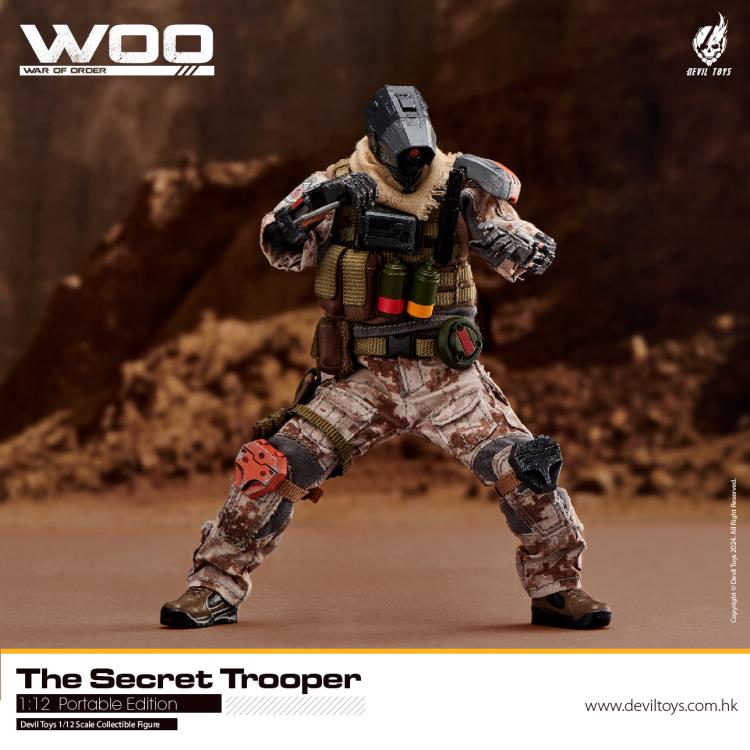 From Devil Toys comes a new line of War of Order figures, this time in 1/12 scale.  This Secret Trooper action figure is decked out in a brown camo outfit with tactical armor, including knee armor, a bulletproof vest, and a scarf. The figure comes with a tactical belt, smoke grenades, a knife, a pair of machine pistols, and an assault rifle.  Secret Master figure shown not included (sold separately)