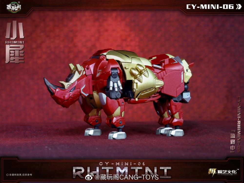 The CY-Mini-06 Rhimini converts into a rhino-like creature from a robot and forms the leg of a mini combining figure. Rhimini stands about 3.75 inches tall in robot mode and comes with a blaster and sword for weapons.  CT-Chiyou-06 Hugerhino and other figures shown not included (sold separately)