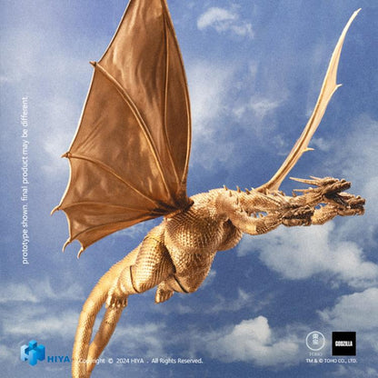 The Exquisite Basic King Ghidorah action figure stands 13" tall with an 18.5" wingspan, faithfully reproducing every detail of Ghidorah's appearance from the 1991 film. Crafted with meticulous attention to detail, the figure features multiple joints throughout its body, PVC wings with internal wires for an authentic look, and a wide range of articulation. It also includes three stands to recreate various combat scenes from the film.