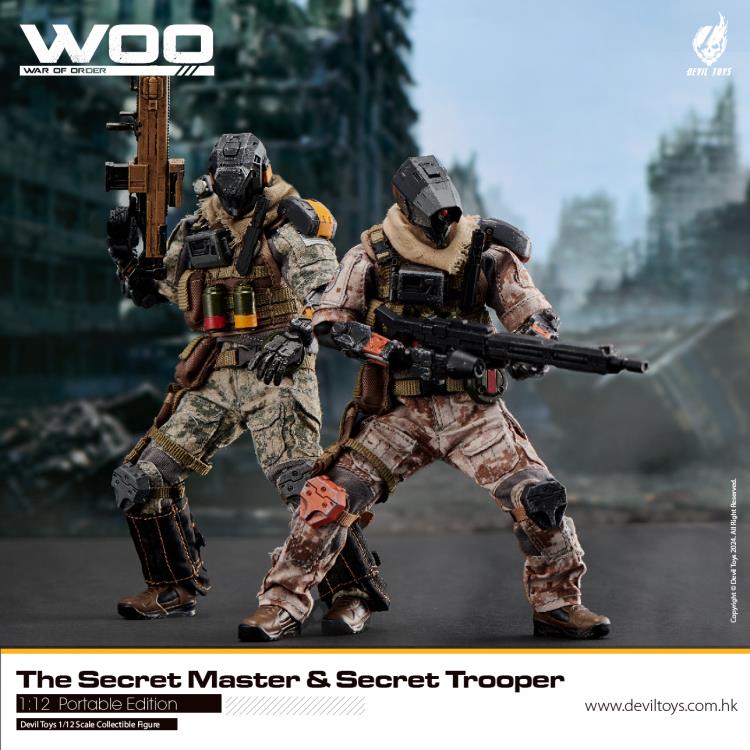 From Devil Toys comes a new line of War of Order figures, this time in 1/12 scale.  This Secret Trooper action figure is decked out in a brown camo outfit with tactical armor, including knee armor, a bulletproof vest, and a scarf. The figure comes with a tactical belt, smoke grenades, a knife, a pair of machine pistols, and an assault rifle.  Secret Master figure shown not included (sold separately)