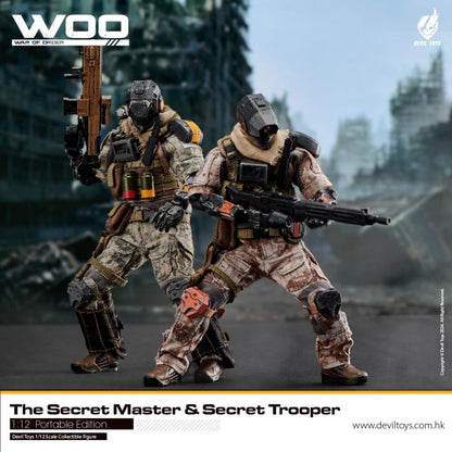 From Devil Toys comes a new line of War of Order figures, this time in 1/12 scale.  This Secret Trooper action figure is decked out in a brown camo outfit with tactical armor, including knee armor, a bulletproof vest, and a scarf. The figure comes with a tactical belt, smoke grenades, a knife, a pair of machine pistols, and an assault rifle.  Secret Master figure shown not included (sold separately)