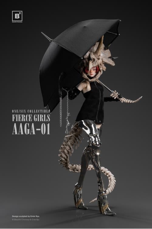 Beautiful Chemistry and artist Entei Ryu have teamed up to create the Fierce Girls Series Bone Girl (Triceratops) 1/6 scale figure.  The figure features a woman wearing a black mini-dress, black elbow-length gloves, as well as a triceratops skull and a long bone tail. She is also wearing thigh-length silver armored boots and comes with a bone-handled umbrella, metal chain and dinosaur charms. 