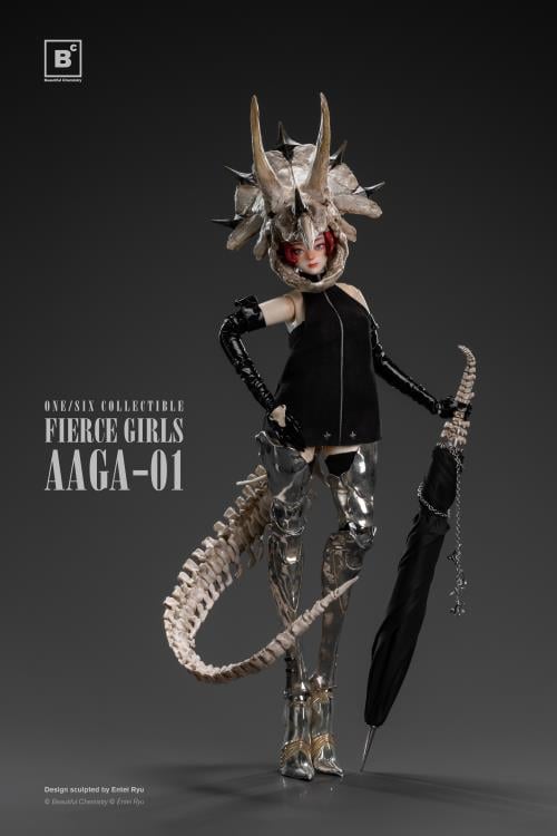 Beautiful Chemistry and artist Entei Ryu have teamed up to create the Fierce Girls Series Bone Girl (Triceratops) 1/6 scale figure.  The figure features a woman wearing a black mini-dress, black elbow-length gloves, as well as a triceratops skull and a long bone tail. She is also wearing thigh-length silver armored boots and comes with a bone-handled umbrella, metal chain and dinosaur charms. 