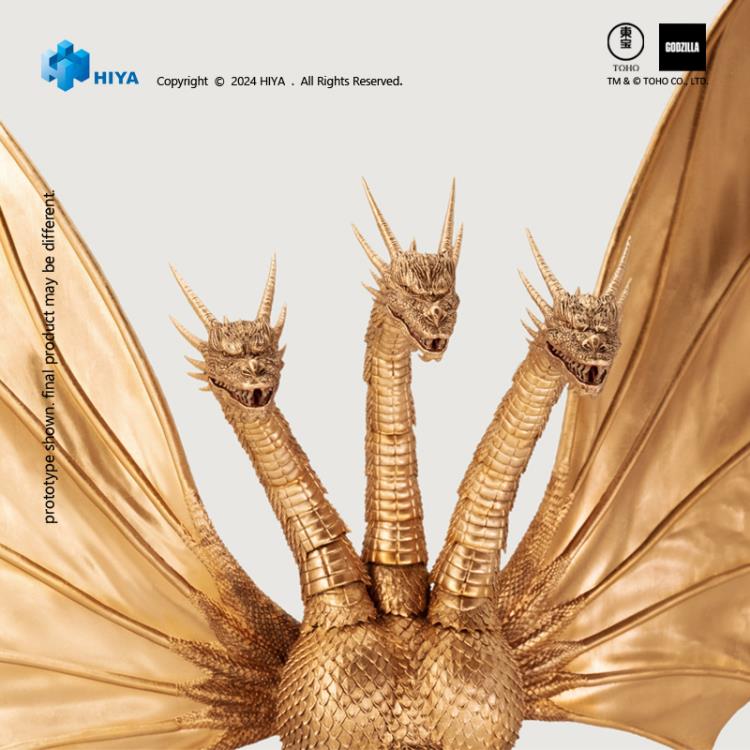 The Exquisite Basic King Ghidorah action figure stands 13" tall with an 18.5" wingspan, faithfully reproducing every detail of Ghidorah's appearance from the 1991 film. Crafted with meticulous attention to detail, the figure features multiple joints throughout its body, PVC wings with internal wires for an authentic look, and a wide range of articulation. It also includes three stands to recreate various combat scenes from the film.