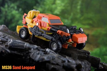 This MS-36 Sand Leopard figure can convert between three modes; robot, helicopter, and off-road vehicle. When in robot mode, the figure is fully articulated and features a blaster weapon.