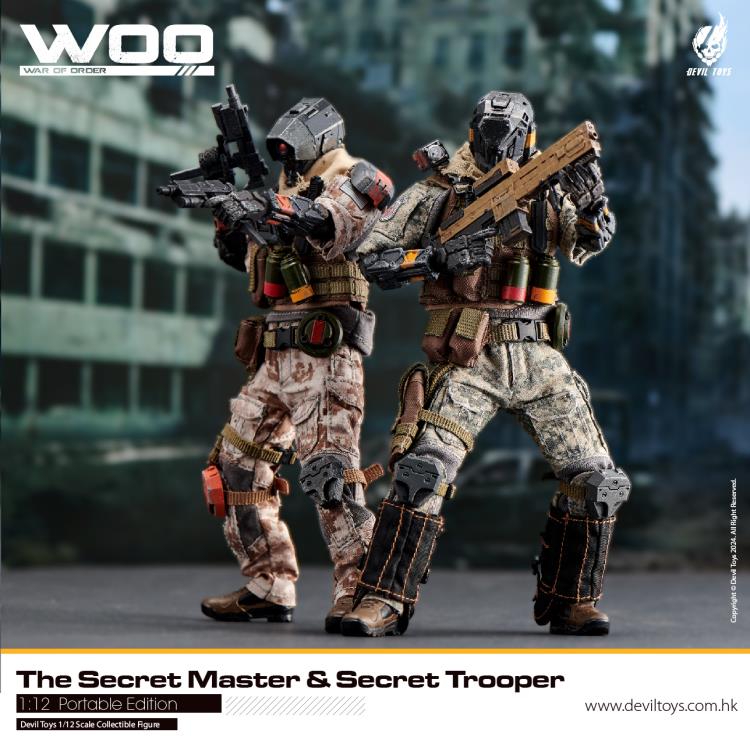 From Devil Toys comes a new line of War of Order figures, this time in 1/12 scale.  This Secret Trooper action figure is decked out in a brown camo outfit with tactical armor, including knee armor, a bulletproof vest, and a scarf. The figure comes with a tactical belt, smoke grenades, a knife, a pair of machine pistols, and an assault rifle.  Secret Master figure shown not included (sold separately)