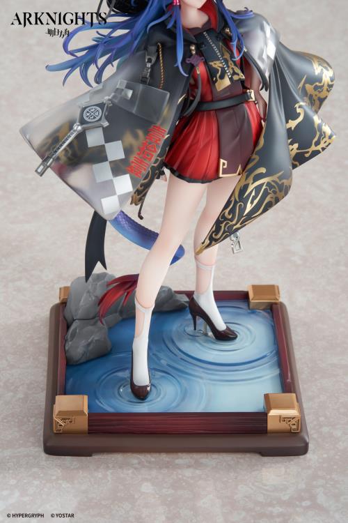 From the popular smartphone game "Arknights" Ch'en has been turned into 1/7 Scale figure wearing her special outfit "Ten Thousand Mountains"! Her flowing blue hair has been finely sculpted, and her distinctive outfit has been faithfully recreated from the illustration using clear parts. In addition, the paint of the patterns and decorations has been carefully crafted to give it a metallic feel, resulting in a gorgeous finish.