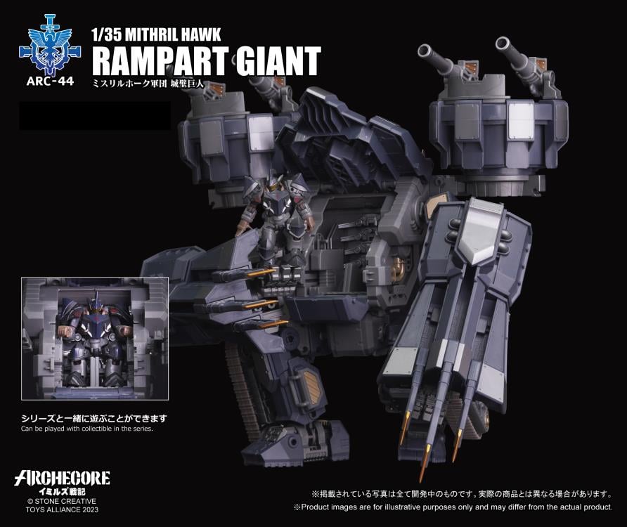 While the Kingdom of Veck places great importance on the versatility of the human form in an Arche-Ymirus mech, the Republic of Karsten’s version of a fortification-type Arche-Ymirus mech, the Rampart Titan, is a mobile fortress.

To catch up in the Arche-Ymirus mech arms race, the Republic of Karsten enacted the “Eagle's Blood Act” to plunder Arche ruins. The act is executed by the Magistrate Narcissus who can deploy elite forces and state-of-the-art technology. The goal was to amass resources early to bui