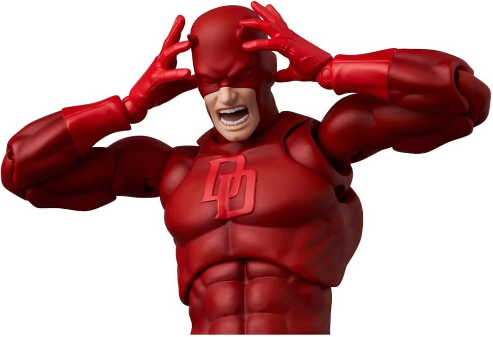 From Marvel's Daredevil comic books, Daredevil has arrived in the MAFEX action figure series by Medicom! This completely new Daredevil comic action figure comes with three interchangeable heads (neutral, angry and yelling), plus interchangeable hands to cover just about any situation! A set of wired billy clubs come with to enact your favorite scenes from the comics or to envision your own. Become the guardian of Hell's Kitchen and order your figure today!