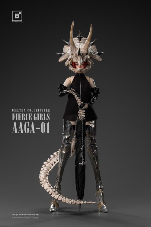 Beautiful Chemistry and artist Entei Ryu have teamed up to create the Fierce Girls Series Bone Girl (Triceratops) 1/6 scale figure.  The figure features a woman wearing a black mini-dress, black elbow-length gloves, as well as a triceratops skull and a long bone tail. She is also wearing thigh-length silver armored boots and comes with a bone-handled umbrella, metal chain and dinosaur charms. 