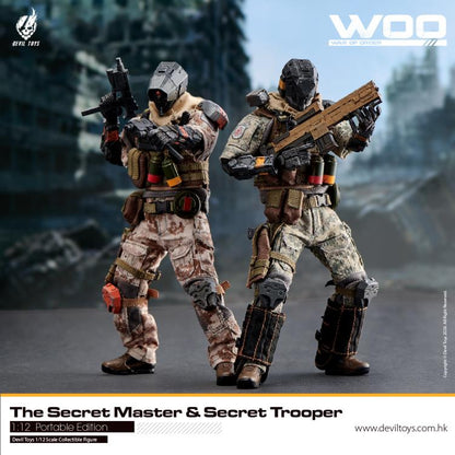 From Devil Toys comes a new line of War of Order figures, this time in 1/12 scale.  This Secret Trooper action figure is decked out in a brown camo outfit with tactical armor, including knee armor, a bulletproof vest, and a scarf. The figure comes with a tactical belt, smoke grenades, a knife, a pair of machine pistols, and an assault rifle.  Secret Master figure shown not included (sold separately)