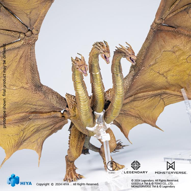 A PREVIEWS Exclusive! Introducing the mighty King Ghidorah from Godzilla: King of the Monsters (2019), as part of the Hiya Exquisite Basic collection! This formidable figure faithfully represents Ghidorah's imposing presence, featuring multiple layers of metallic golden paint and intricate details across its three head sculpts.