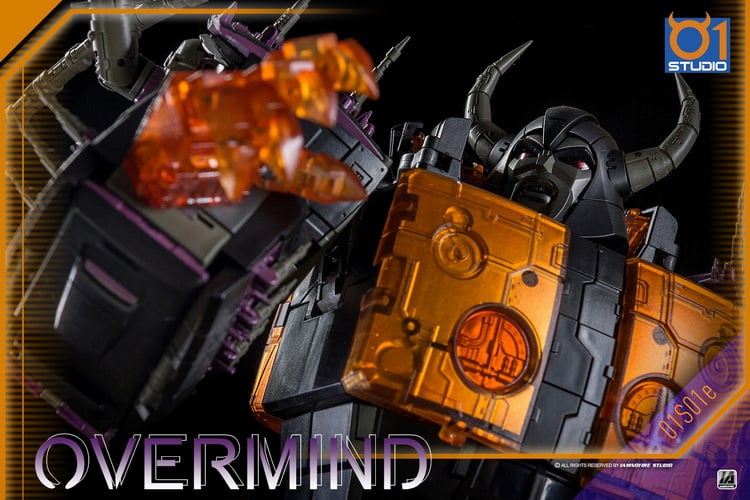 01S01E Overmind is a massive figure standing over 17 inches tall that can convert from robot mode to sphere mode. Overmind is fully articulated and features premium details.