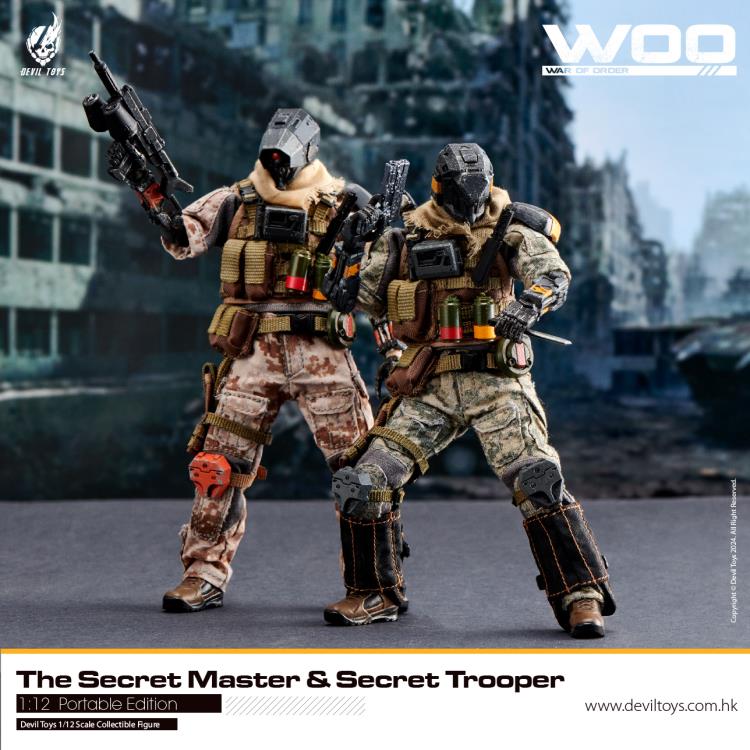 From Devil Toys comes a new line of War of Order figures, this time in 1/12 scale.  This Secret Trooper action figure is decked out in a brown camo outfit with tactical armor, including knee armor, a bulletproof vest, and a scarf. The figure comes with a tactical belt, smoke grenades, a knife, a pair of machine pistols, and an assault rifle.  Secret Master figure shown not included (sold separately)