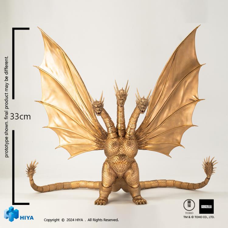 The Exquisite Basic King Ghidorah action figure stands 13" tall with an 18.5" wingspan, faithfully reproducing every detail of Ghidorah's appearance from the 1991 film. Crafted with meticulous attention to detail, the figure features multiple joints throughout its body, PVC wings with internal wires for an authentic look, and a wide range of articulation. It also includes three stands to recreate various combat scenes from the film.