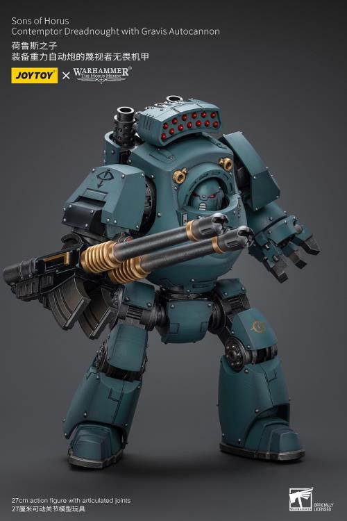 Unleash the JoyToy Warhammer 40K Sons of Horus Contemptor Dreadnought with Gravis Autocannon action figure’s incredible power! The Contemptor Dreadnought blends conventional technologies with mysterious cybernetic knowledge, making it possibly the most sophisticated Dreadnought engine in the Great Crusade’s arsenal.