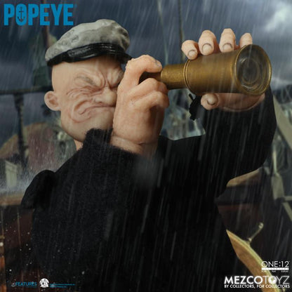 The One:12 Collective Popeye figure includes two masterfully crafted head portraits: a stern stare and a salty glare. Authentically presented in his classic sailor clothing and a removable pea coat, Popeye comes complete with a wide range of accessories including: a functional drawstring duffle bag, a collapsible spy glass, a compass with hinged lid, two spinach cans, three different hats, and two styles of corncob pipes.