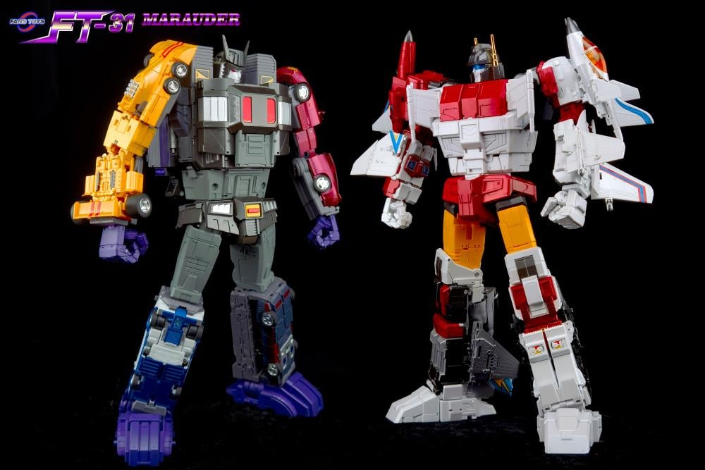 From Fans Toys comes FT-31E Bandit & FT-31 Marauder 2-Pack! The Bandit figure converts from a robot to a vehicle form and includes a blaster accessory, along with combiner parts to form FT-31 Marauder. Don't miss out on adding this figure to your collection!  Other figures shown not included (sold separately)