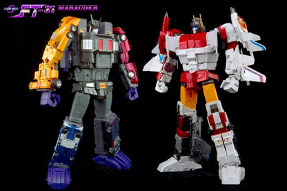 From Fans Toys comes FT-31E Bandit & FT-31 Marauder 2-Pack! The Bandit figure converts from a robot to a vehicle form and includes a blaster accessory, along with combiner parts to form FT-31 Marauder. Don't miss out on adding this figure to your collection!  Other figures shown not included (sold separately)