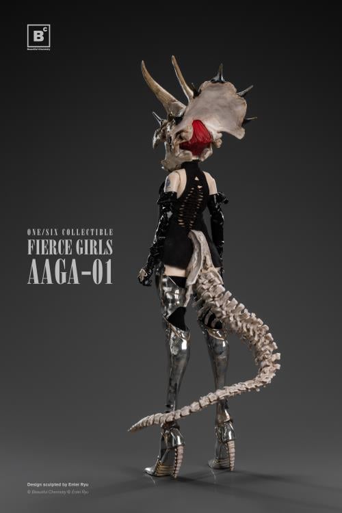 Beautiful Chemistry and artist Entei Ryu have teamed up to create the Fierce Girls Series Bone Girl (Triceratops) 1/6 scale figure.  The figure features a woman wearing a black mini-dress, black elbow-length gloves, as well as a triceratops skull and a long bone tail. She is also wearing thigh-length silver armored boots and comes with a bone-handled umbrella, metal chain and dinosaur charms. 