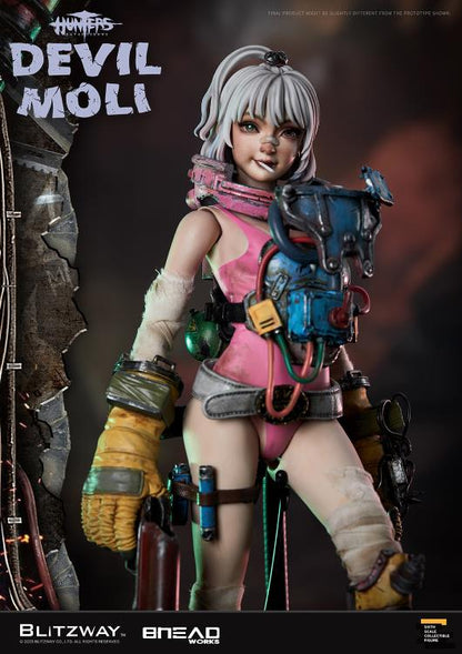 'BLITZWAY is thrilled to share the official launch of the 5th character of BHEADworks’ original figures, ‘Devil Moli’ from ‘HUNTERS: Day After WWIII.’  BHEADworks (Artist Yeon-gyun, Jung) has been loved for its original character design based on the dystopian worldview. The fifth heroine, Devil Moli, is a combat girl who decorates her cute visual like a scary gatekeeper and sensibly notices when an enemy approaches and sends a cue sign with a whistle.