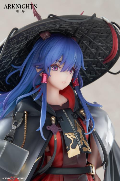 From the popular smartphone game "Arknights" Ch'en has been turned into 1/7 Scale figure wearing her special outfit "Ten Thousand Mountains"! Her flowing blue hair has been finely sculpted, and her distinctive outfit has been faithfully recreated from the illustration using clear parts. In addition, the paint of the patterns and decorations has been carefully crafted to give it a metallic feel, resulting in a gorgeous finish.