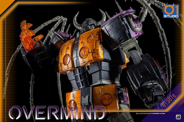 01S01E Overmind is a massive figure standing over 17 inches tall that can convert from robot mode to sphere mode. Overmind is fully articulated and features premium details.