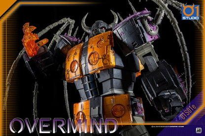 01S01E Overmind is a massive figure standing over 17 inches tall that can convert from robot mode to sphere mode. Overmind is fully articulated and features premium details.