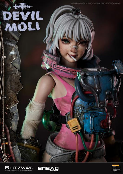 'BLITZWAY is thrilled to share the official launch of the 5th character of BHEADworks’ original figures, ‘Devil Moli’ from ‘HUNTERS: Day After WWIII.’  BHEADworks (Artist Yeon-gyun, Jung) has been loved for its original character design based on the dystopian worldview. The fifth heroine, Devil Moli, is a combat girl who decorates her cute visual like a scary gatekeeper and sensibly notices when an enemy approaches and sends a cue sign with a whistle.