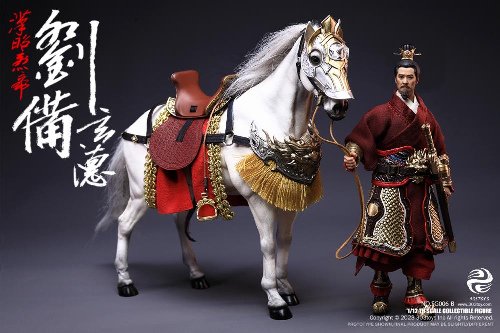 Crush the invading enemies as you defend your homeland with this Liu Bei Xuande figure by 303 Toys! Featuring multiple weapons and accessories, this 1/12 scale figure will be a perfect addition for any collector. Order yours today!  The Battlefield Version of this figure includes a war banner and horse for your warrior to ride on.