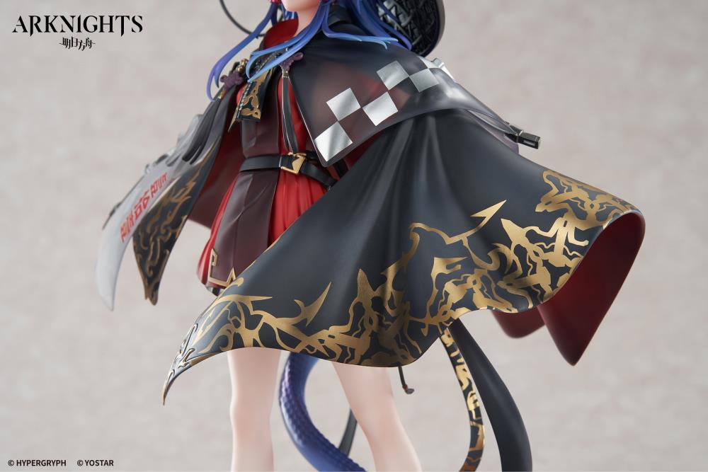 From the popular smartphone game "Arknights" Ch'en has been turned into 1/7 Scale figure wearing her special outfit "Ten Thousand Mountains"! Her flowing blue hair has been finely sculpted, and her distinctive outfit has been faithfully recreated from the illustration using clear parts. In addition, the paint of the patterns and decorations has been carefully crafted to give it a metallic feel, resulting in a gorgeous finish.