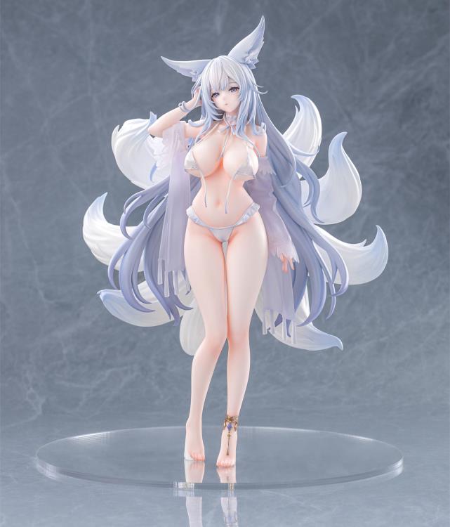 From the Azur Lane video game comes the Shinano (Dreamy White Sands Ver.) 1/6 scale figure by AmiAmi and AniGame! This impressive figure is just under 12 inches tall and displays Shinano in a white bikini that has become undone. Shinano's white fox tails spread out behind as her grey hair drapes down by her knees. Don't miss out on adding this figure to your collection!