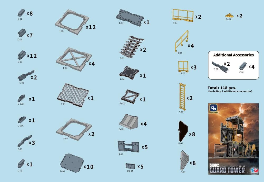 All parts of the SIB system are interchangeable, allowing you to freely customize, modify, or create multiple scenes. Each set is compatible with 1/24 and 1/18 scale action figures, or 2.5 to 3.75-inch figures; you can also modify to any other scales or sizes. When completed, the diorama is in 3D, so not only can it face 1 side, it can also display the figures in any angle.