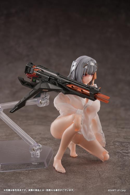 From the popular smartphone game Goddess of Victory: Nikke, Modernia: First Encounter is now available as an action figure! 

This 1/12 scale Modernia figure comes with interchangeable faces (happy, sad, and expressionless) all of which feature movable eyeballs. The figure is fully posable and features a fine gradation painting all over to carefully replicate her skin tone.